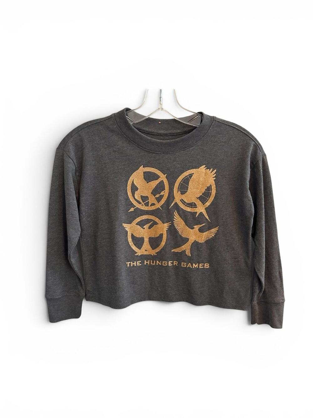 GAP Kids Hunger Games Girls long sleeve Tee Gray Gold SMALL 6-7 Cotton Shirt NWT